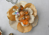 Vintage Enameled Pin and Earring Set Peach with Beads and Rhinestones