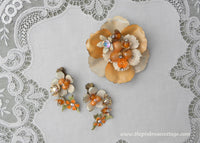 Vintage Enameled Pin and Earring Set Peach with Beads and Rhinestones