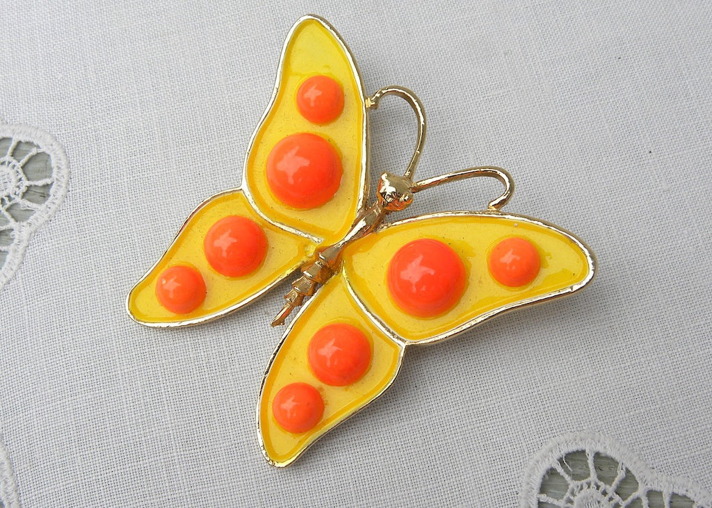 Designer by Weiss, brooch, butterfly motif, orange and brown rhinestones.