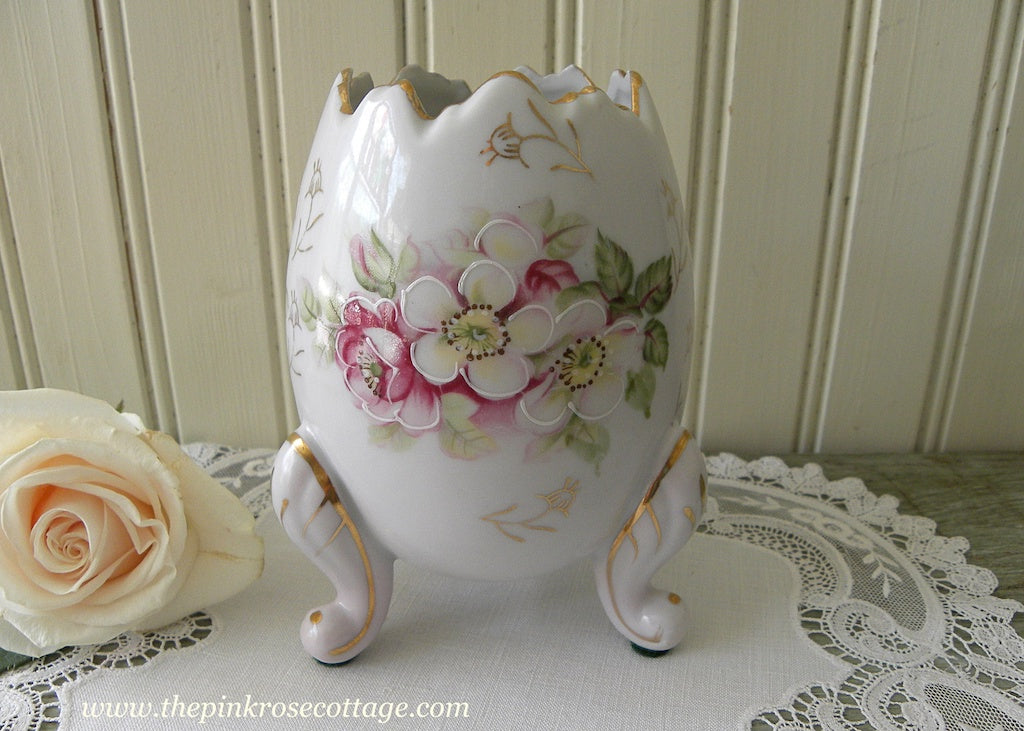 Vintage Inarco Wild Pink Roses Egg Shaped Vase