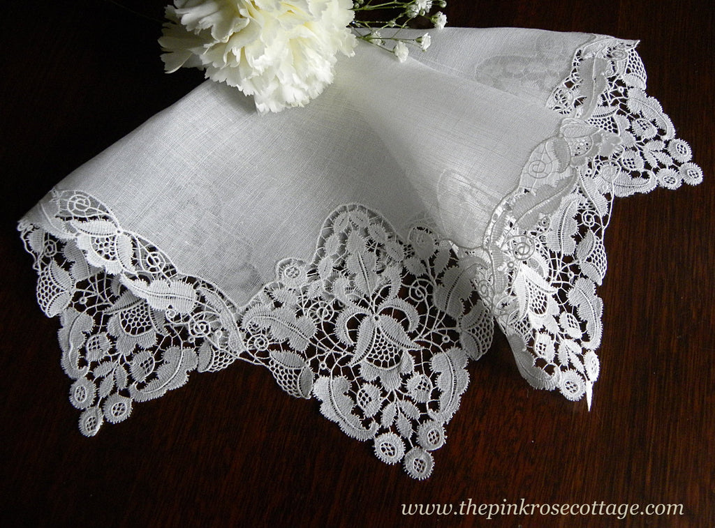 Antique Linen Schiffli Lace Bridal Wedding Handkerchief 