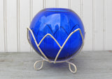 Vintage Cobalt Blue Round Glass Vase with Wire Lotus Base