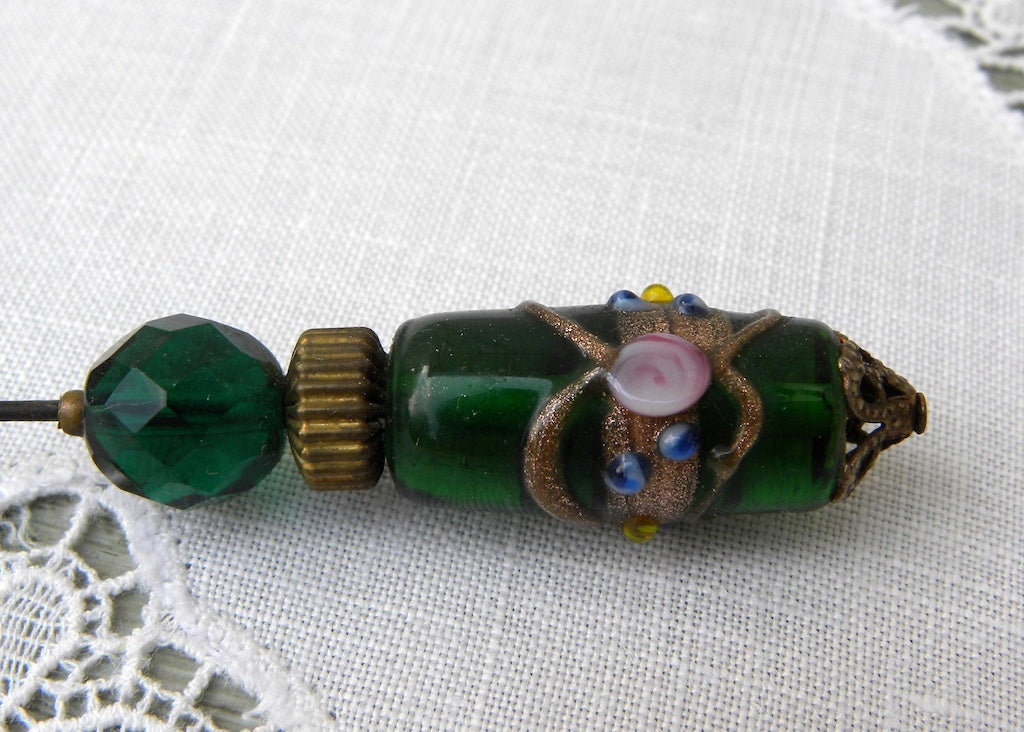 Antique Murano Green Glass Hatpin with Pink Rosettes