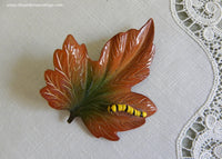 Vintage Enameled Autumn Leaf Pin with Yellow Caterpillar