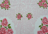 Vintage Broderie Tablecloth with Pink Roses and Scrolls
