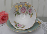 Vintage Queen Anne Sage Green and Pink Rose Gilt Teacup and Saucer
