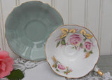 Vintage Queen Anne Sage Green and Pink Rose Gilt Teacup and Saucer