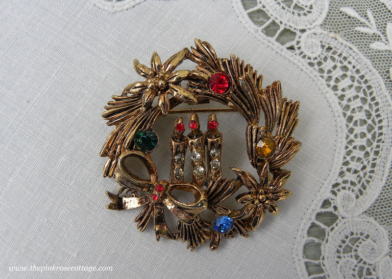 Vintage Rhinestone Wreath Brooch / Pin Gold Tone and Red Gems 1950's Circa by yourgiftstop on Jewelry Auctioned