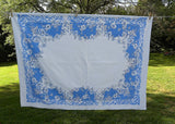 Vintage Blue and White Tablecloth with Wild Roses and Scrolls