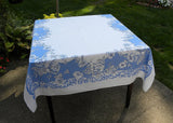 Vintage Blue and White Tablecloth with Wild Roses and Scrolls
