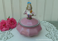 Antique Powder Box Woman with Hand Mirror Pink Dress Bavaria