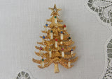Vintage Christmas Tree Brooch with Enamel and Rhinestone Candles