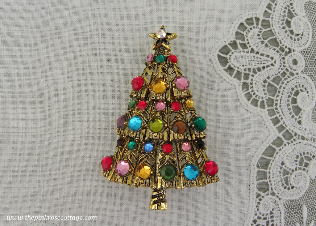Vintage Hollycraft Rhinestone 3 Tiered Christmas Pin Brooch