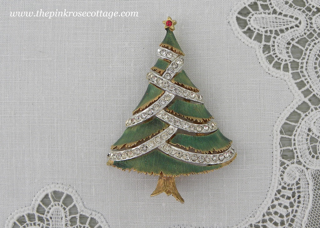Vintage JJ Enameled and Rhinestone Christmas Tree Pin Brooch
