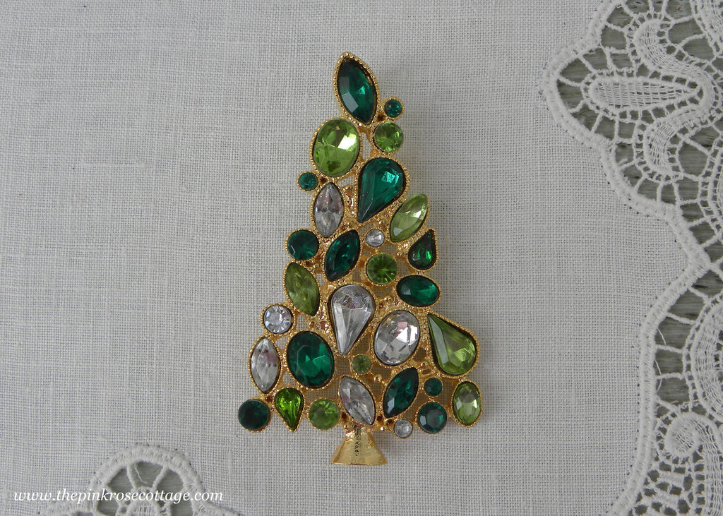 Green and White Rhinestone Christmas Tree Pin or Pendant