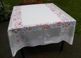 Vintage Tablecloth with Flower Garlands and Blue Ribbons and Bows - The Pink Rose Cottage 