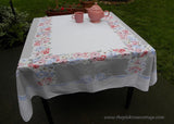 Vintage Tablecloth with Flower Garlands and Blue Ribbons and Bows - The Pink Rose Cottage 