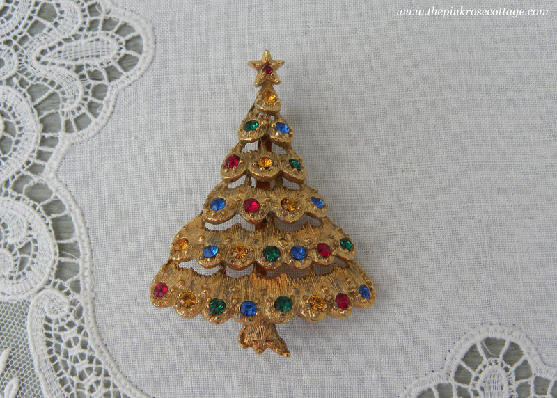 Vintage Colorful Rhinestone Scalloped Christmas Tree Pin Brooch