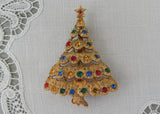 Vintage Colorful Rhinestone Scalloped Christmas Tree Pin Brooch