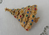 Vintage Colorful Rhinestone Scalloped Christmas Tree Pin Brooch