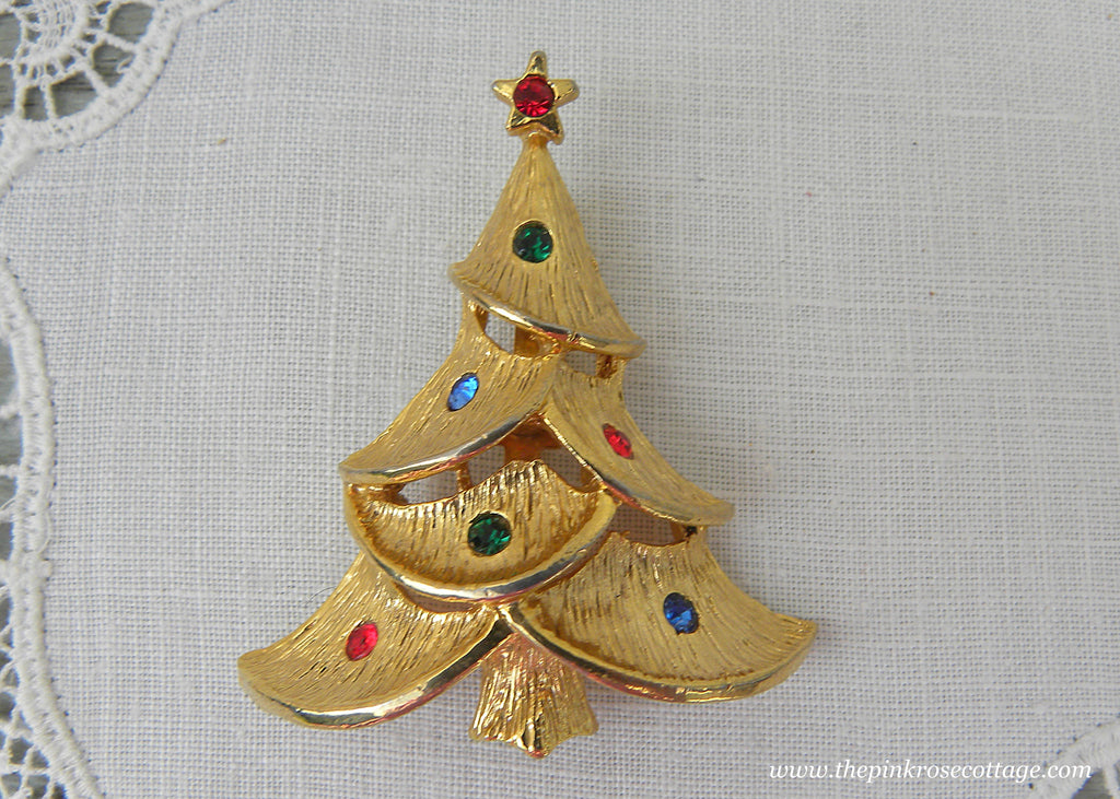 Vintage J&J Christmas Tree Brooch with Rhinestones