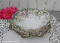 Antique Hand Painted Pink Roses Sauce Condiment Bowl and Under Plate