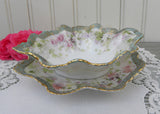 Antique Hand Painted Pink Roses Sauce Condiment Bowl and Under Plate