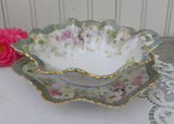 Antique Hand Painted Pink Roses Sauce Condiment Bowl and Under Plate