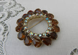 Vintage Amber Brown and Aurora Borealis Rhinestone Brooch Pin