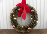 Vintage Bottle Brush Christmas Wreath with Ornaments and Glitter 12 Inches (a)