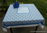 Vintage Mid Century Modern Blue Geometric and Daisy Tablecloth