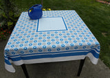 Vintage Mid Century Modern Blue Geometric and Daisy Tablecloth