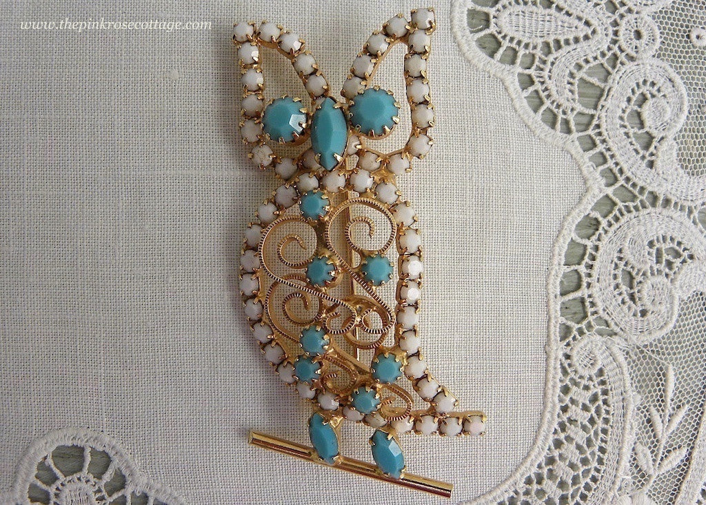 Vintage White and Turquoise Rhinestone Owl Pin Brooch