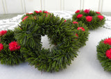 6 Vintage Mini Bottle Brush Christmas Wreaths with Red Flowers