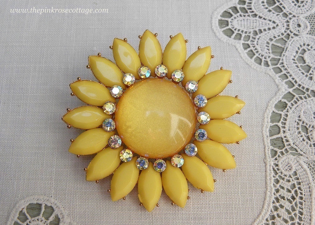 Vintage Yellow Rhinestone Sunflower Pin Brooch