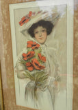 1906 Antique  Framed Hamilton King Print Edwardian Woman and Poppies