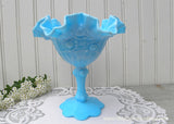 Vintage Blue Fenton Cabbage Rose Slag Glass Compote with Ruffled Edge