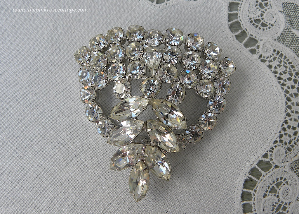 Unsigned Vintage Clear Marquee and Round Rhinestones Brooch