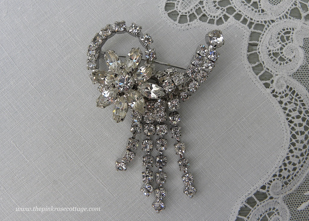 Unsigned Vintage Flower Rhinestone Brooch with Dangling Stems