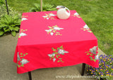 Large Vintage Red Wilendur Wilendure with Gray and White Lilacs Tablecloth - The Pink Rose Cottage 