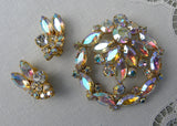 Vintage Rhinestone Aurora Borealis Large Brooch and Earrings Set