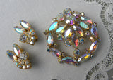 Vintage Rhinestone Aurora Borealis Large Brooch and Earrings Set