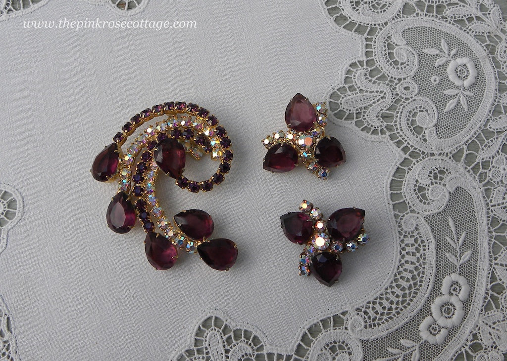 Vintage Amethyst and Aurora Borealis Rhinestone Brooch and Earrings