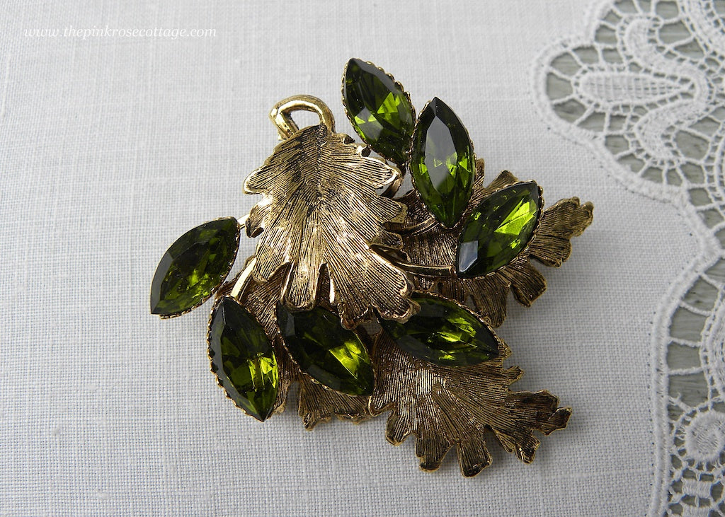 Vintage Brushed Gold Tone Brooch with Green Rhinestones