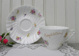 Vintage Princess Ann Congratulations Pink Rose and Wild Flowers Teacup and Saucer