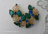 Vintage Brooch Bright Green and Blue Rhinestones with Hollow Spheres