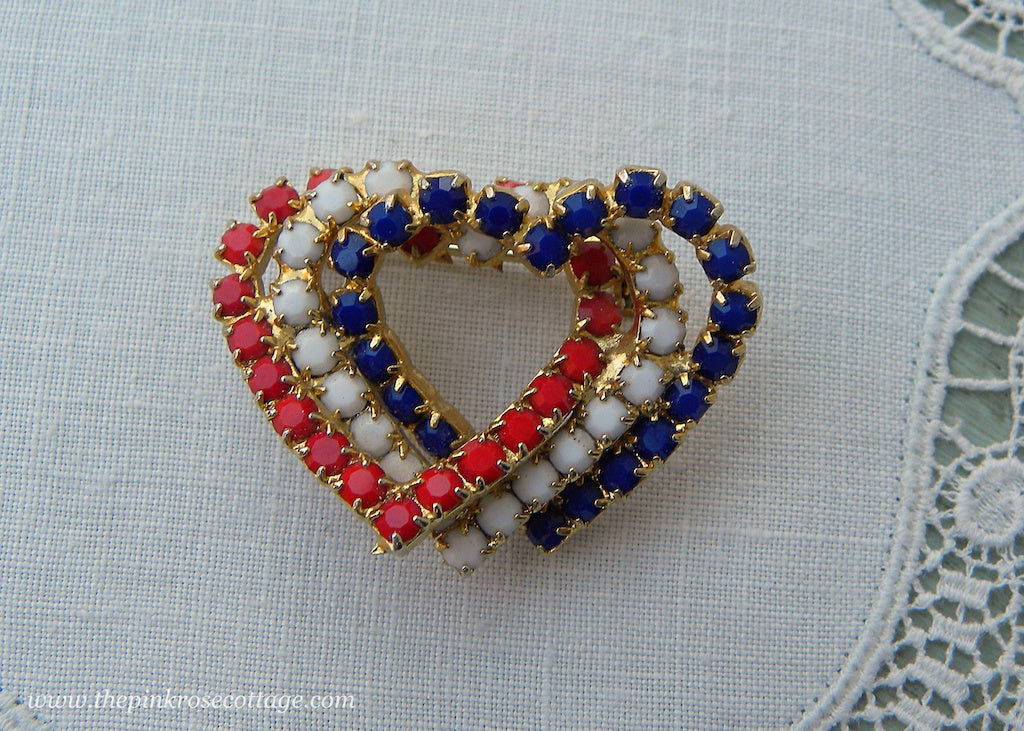 Vintage Patriotic Triple Heart Brooch with Red White and Blue Rhinestones