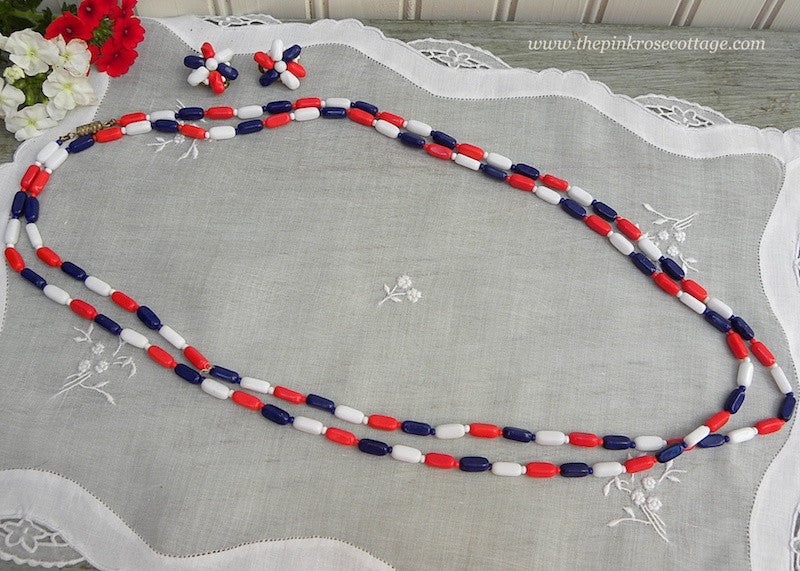 Extra Long Vintage Glass Beaded Patriotic Red White & Blue Necklace and Earrings Set - The Pink Rose Cottage 
