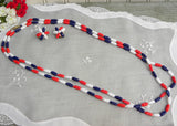 Extra Long Vintage Glass Beaded Patriotic Red White & Blue Necklace and Earrings Set - The Pink Rose Cottage 