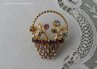 Vintage Rhinestone Basket of Pastel Flowers Pin Brooch